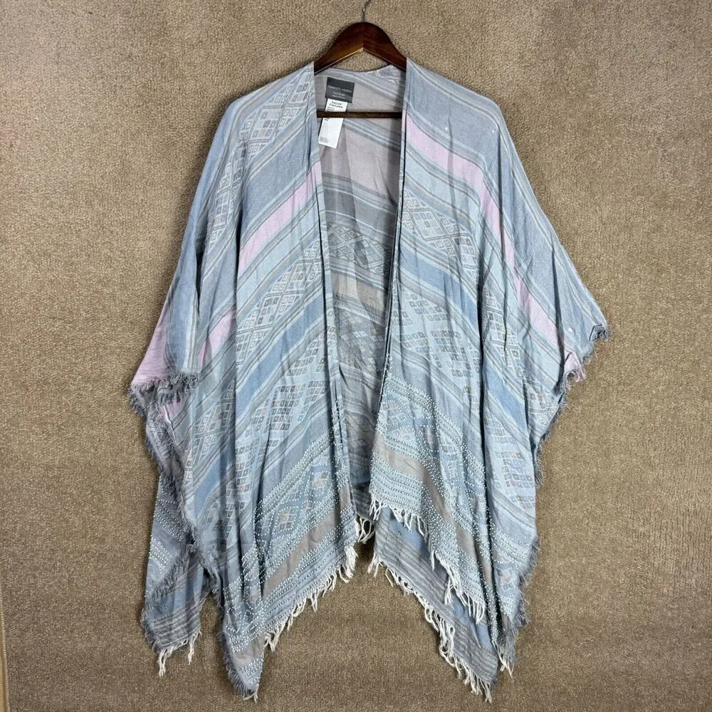 Anthropologie Shawl Wrap‎ Women’s OS Blue Boho Kimono Open Front Fringe